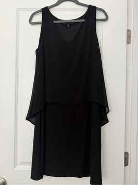 White House Black Market Black Sleeveless Layered V-Neck Midi Dress with Overlay